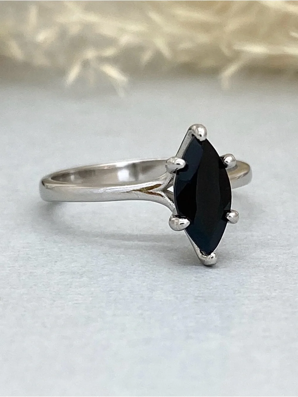 Black CZ Marquise Cut Solid Sterling Silver Women’s Solitaire Stackable Ring
